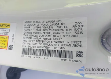 2025 Honda Cr-V Lx Awd from USA, damaged, VIN 2HKRS4H28SH474850